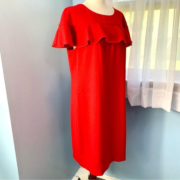 Trina Turk Red Shimmer Ruffle Sheath Dress Size 10 - Picture 8 of 10
